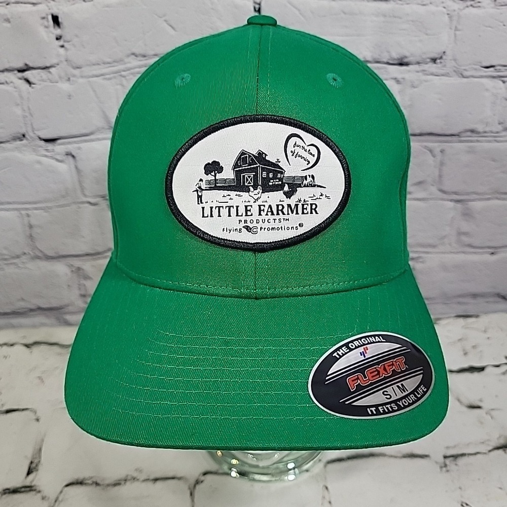 Little Farmer Hat With Farm Patch Logo Unisex Green Flexfit Size S/M Ball Cap